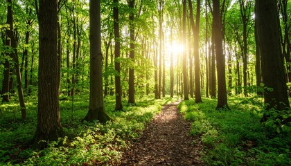Fototapeta premium Sunlit Forest Path at Dawn Magical Nature Scene