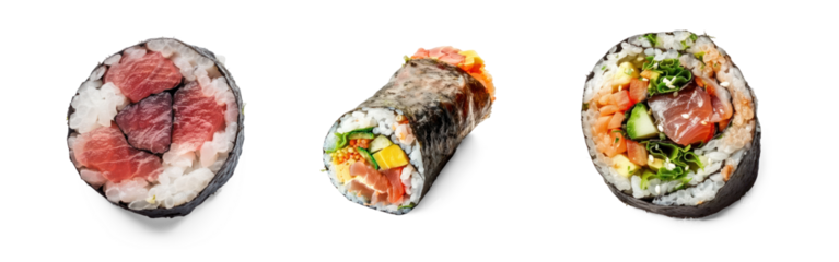 tuna sushi top view full length isolate on white background,
