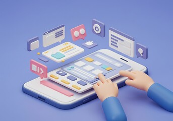 Engaging 3D illustration of hands interacting with a smartphone interface filled with app icons and notifications