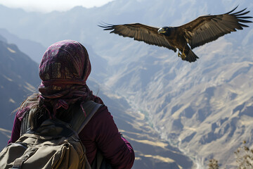 A woman in a hijab hiking Peru s Colca Canyon condors soaring overhead