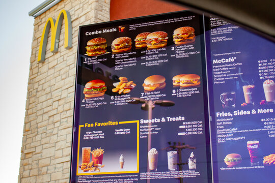 Wickenburg, Arizona / USA - October 5 2020: Drive thru menu showing burger options at a McDonald's fast food restaurant 