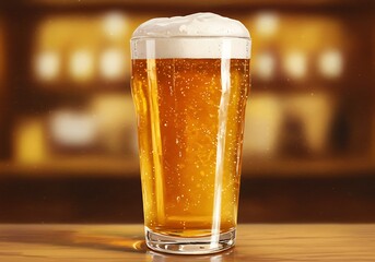 Refreshing golden lager beer with frothy head in clear glass on wooden bar counter