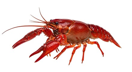 A vibrant red crayfish, displayed against a plain white background, showcases its intricate details and form.