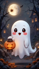 Obraz premium Kawaii cartoon ghost with blushing cheeks.