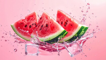 Juicy watermelon slices with water splashes and ice cubes on a pink backdrop, capturing freshness and summer vibes.