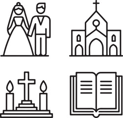 Religious Wedding Traditions Outline Icons Set Bride & Groom, ChurchTemple, Cross, Candles, and Holy Book