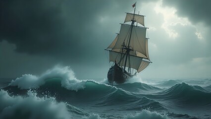 Fototapeta premium Sailing Ship Navigating Rough Seas with Dramatic Dark Sky