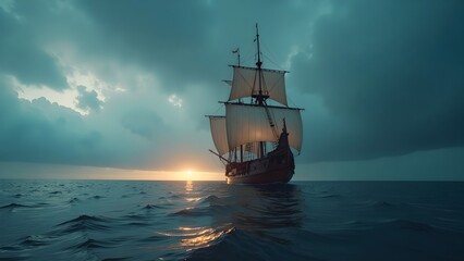 Fototapeta premium Sailing Ship on Blue Ocean at Sunset Under Cloudy Sky
