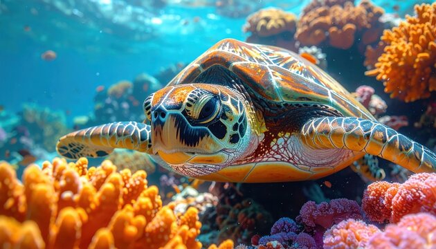 A vibrant sea turtle glides gracefully amidst a colorful coral reef, showcasing the beautiful biodiversity of the underwater world.