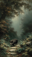 Wild Boar in a Moody Forest