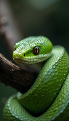 Obraz premium a green snake coiled on a branch.