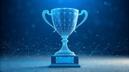 Futuristic glowing digital trophy award in a dark blue abstract technological background