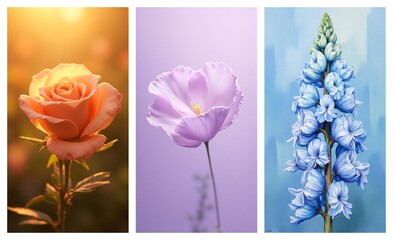 A triptych of beautiful blooming flowers: a peach rose in golden light, a delicate purple bloom, and a tall blue floral stalk.