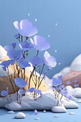 Pastel flowers bloom amidst sculpted, light-blue, and white landscape