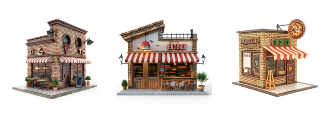 pizza shop 3d front view full length isolate on white background
