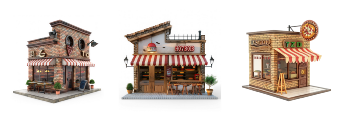 pizza shop 3d front view full length isolate on white background