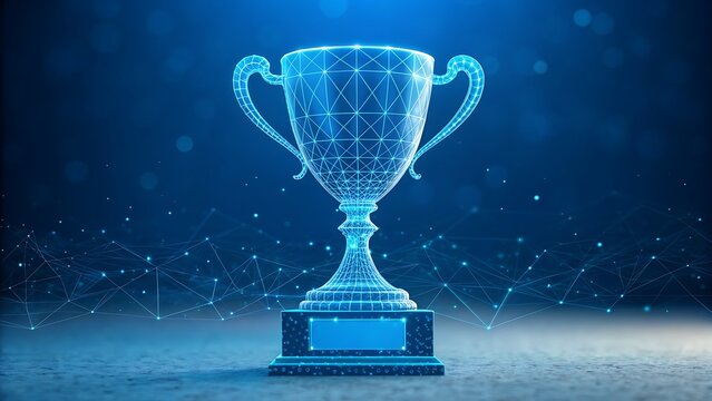 Futuristic glowing digital trophy award in a dark blue abstract technological background