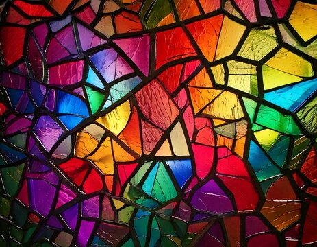 Vibrant geometric stained glass pattern with rainbow colors