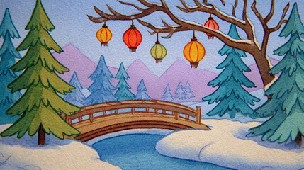 冬日雪景桥梁和灯笼