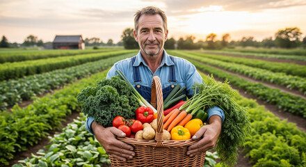 Farmer with basket of vegetables world food day