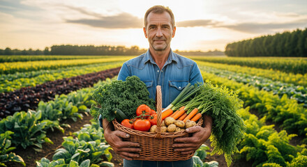 Farmer with basket of vegetables world food day