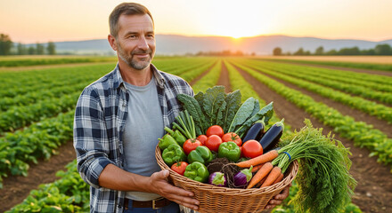 Farmer with basket of vegetables world food day
