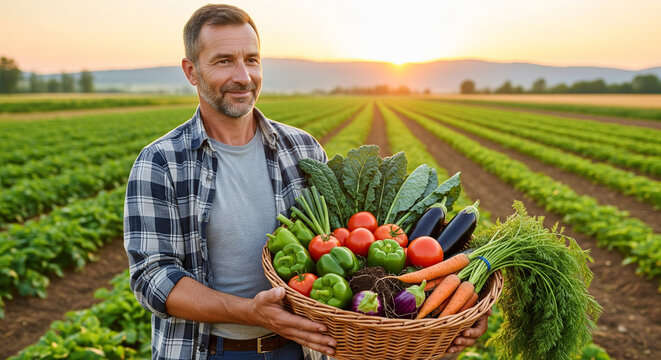 Farmer with basket of vegetables world food day
