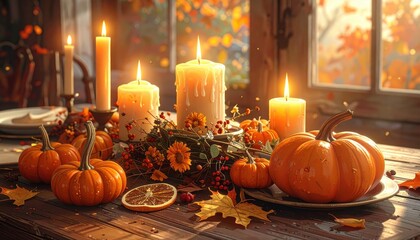 Obraz premium Autumnal table setting, adorned with candles, pumpkins, and fall foliage, bathed in warm, inviting light.