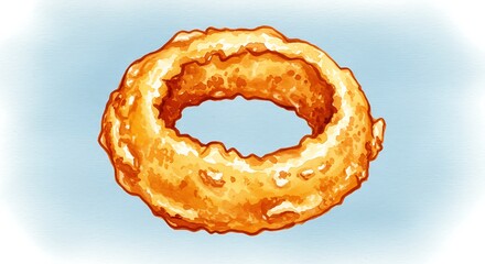 A delicious, crispy golden onion ring illustration in a vibrant watercolor style on a light blue background. Perfect for food-related designs and menus.