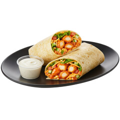 Spicy chicken wrap with creamy dip on black plate isolated on white background