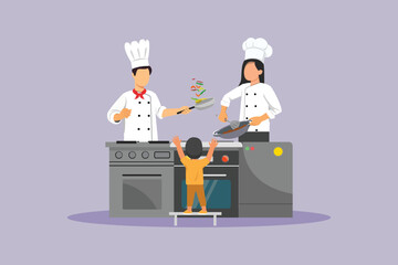 Father mother and child cooking. Cooking Family Concept. Colored flat vector illustration isolated