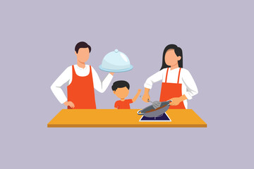 Father mother and child cooking. Cooking Family Concept. Colored flat vector illustration isolated