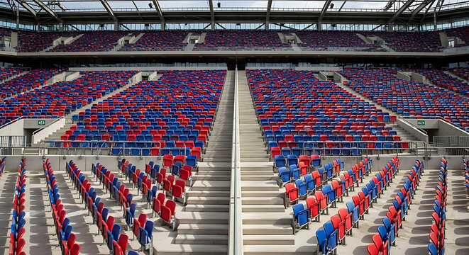 A wide, symmetrical view of a stadium's empty seating, showing rows of red and blue chairs.