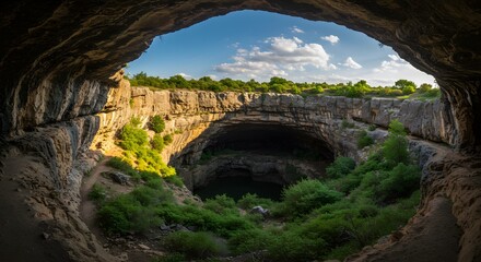 Cave opening sunlight landscape