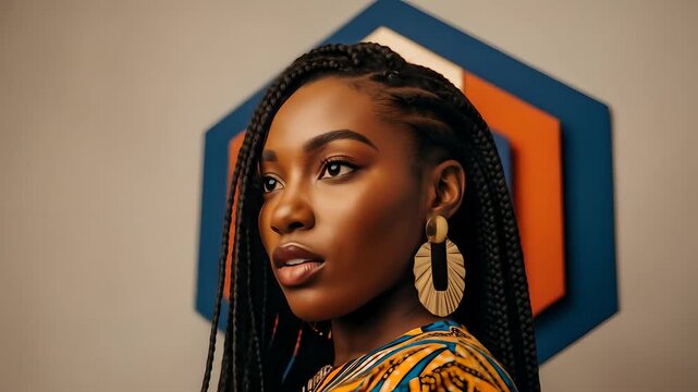 Elegant African woman in stylish traditional dress and gold earrings looks away thoughtfully. Beauty, fashion, culture concepts, ideal for empowerment or identity projects. 