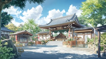 Fototapeta premium Serene Japanese Temple under a Summer Sky
