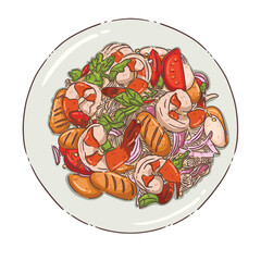 Spicy Thai Glass Noodle Salad (Yum Woon Sen) with Shrimp, Sausage, and Vegetables © Patharakan