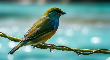 Obraz premium Small finch with multicolored feathers perched on thin branch with raindrops, vibrant exotic bird close up profile against turquoise blurred background representing tropical wildlife beauty 