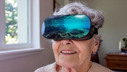 Senior woman experiencing virtual reality, coral reef underwater scene.