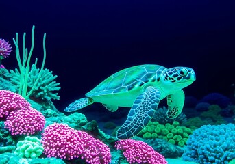 Sea turtle gracefully swimming among vibrant coral reefs in the deep ocean ecosystem