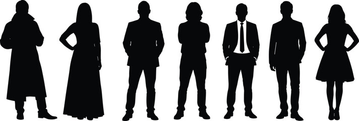 Silhouette Vector of Business and Casual People Standing in Confident Poses, Male and Female Characters on White Background