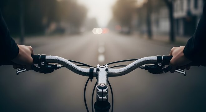 Hands holding bicycle handlebars with raindrops on metal surface riding along empty misty road in early morning, urban cycling lifestyle symbolizing healthy eco transport focus determination endurance