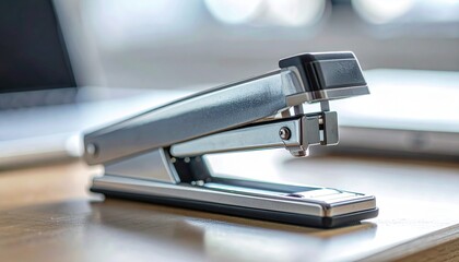 Modern desk accessory - a sleek silver stapler on a polished wooden surface, ready for efficient office tasks and document organization
