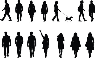 Silhouette Vector of People Walking, Standing, Waving, and Holding Children or Pets in Everyday Urban Life Scene on White Background