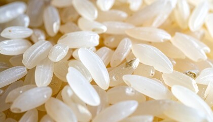 Extreme close-up of numerous uncooked, pearly-white long-grain rice kernels, showcasing their delicate texture and subtle translucent glow - an essential pantry-staple worldwide
