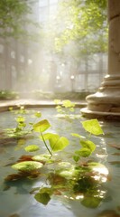 Sun-drenched water feature w/greenery & architectural pillars evokes tranquility. Soft lighting. Peaceful, serene urban oasis