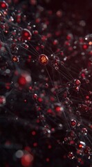 A dark, blurred close-up shows a network of fine, dark lines connected by vibrant red and black spheres, like a futuristic molecular structure