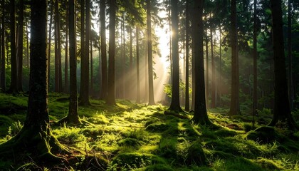Obraz premium Sunlight streams through a misty forest (1)