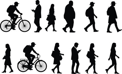 Silhouette Vector Set of People Walking and Cycling in Urban Outfits, Men and Women in Motion for City Life Designs