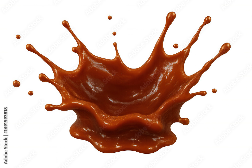 Poster crown-shaped caramel splashing dynamically, creating drops and ripples against a transparent backgro